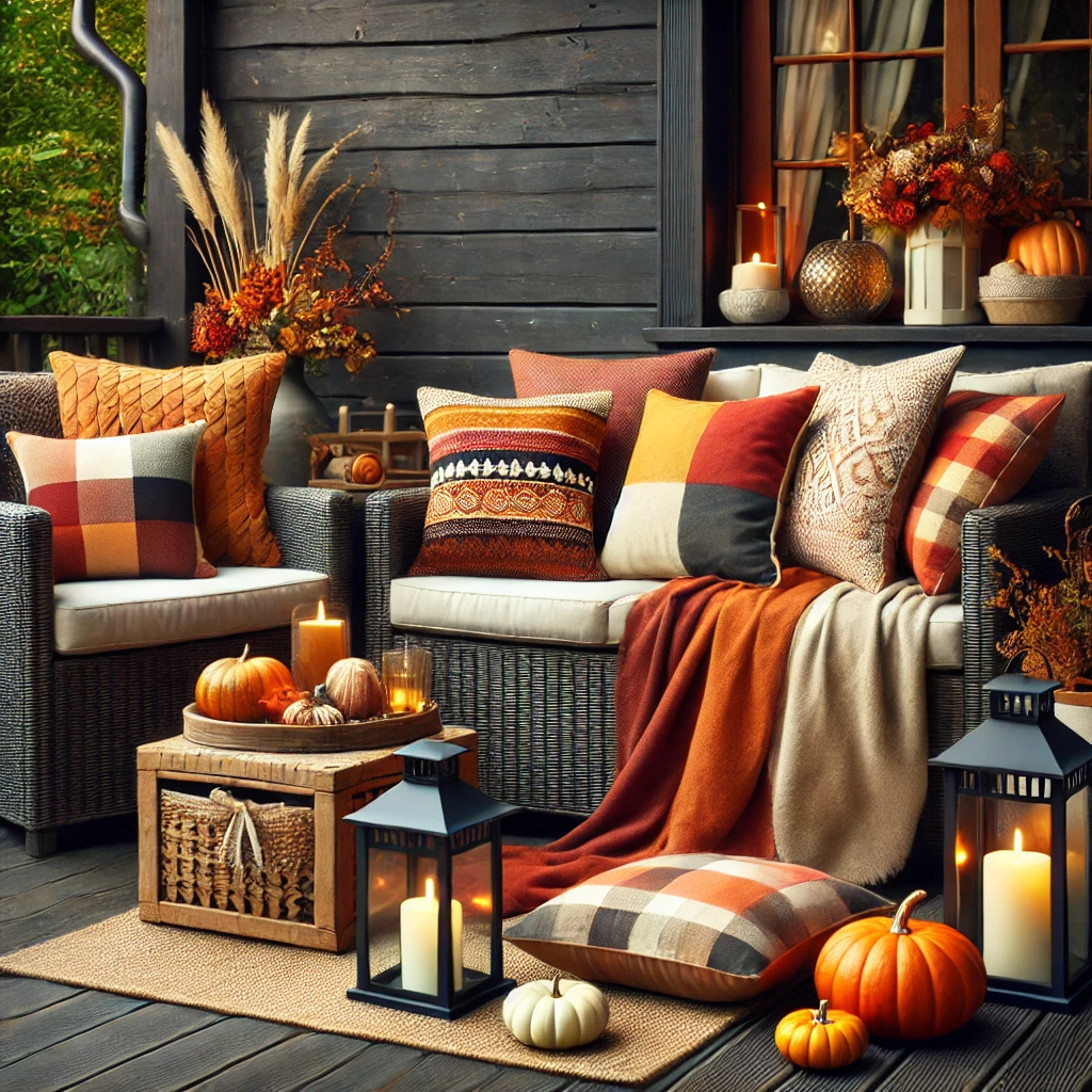 An outdoor seating area with fall-themed cushions, blankets, pumpkins, and lanterns on a wooden deck, creating a cozy seasonal atmosphere.