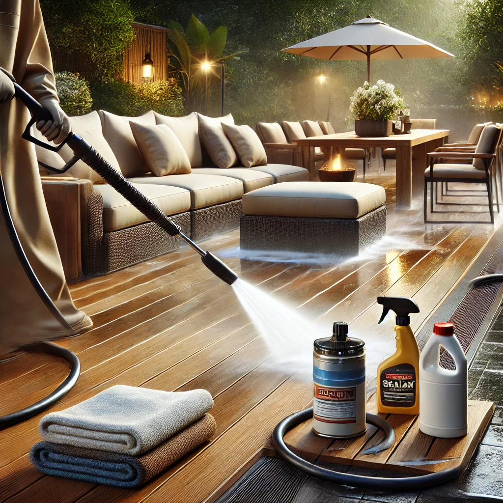 A wooden deck being cleaned with a pressure washer, featuring luxury outdoor furniture, cleaning supplies, and soft lighting, showcasing professional seasonal maintenance.