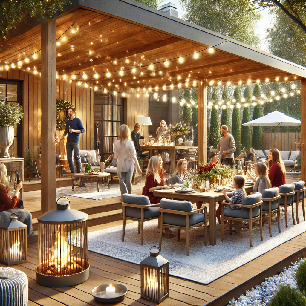 A festive outdoor gathering on a wooden deck with family and friends, featuring string lights, a dining table, cozy seating, and lanterns, creating a warm and inviting atmosphere.