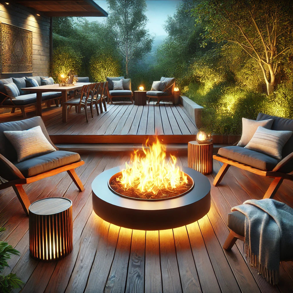 A wooden deck with a modern fire pit surrounded by cushioned chairs, creating a warm and inviting outdoor seating area with ambient lighting and lush greenery.