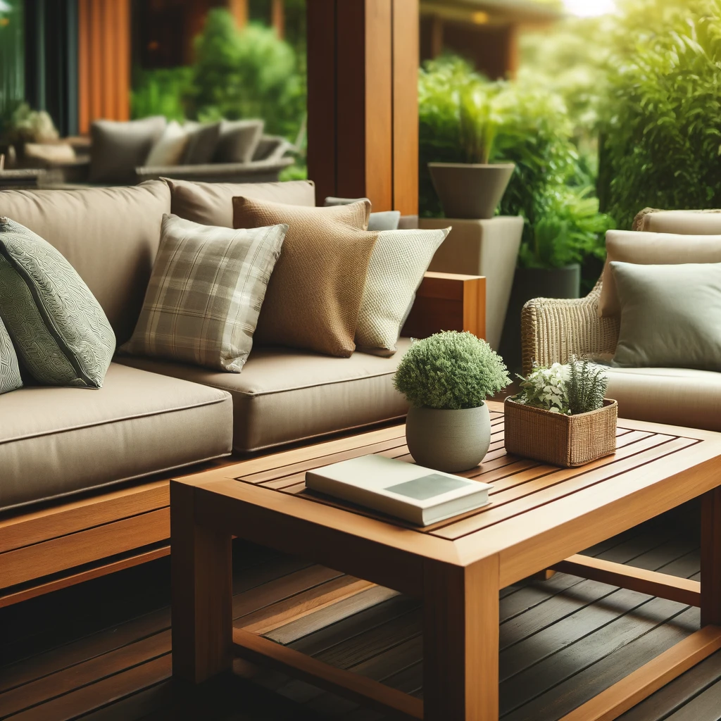An outdoor wooden deck with a cushioned sofa, throw pillows, and a wooden coffee table featuring decorative plants, creating a cozy and stylish seating area.