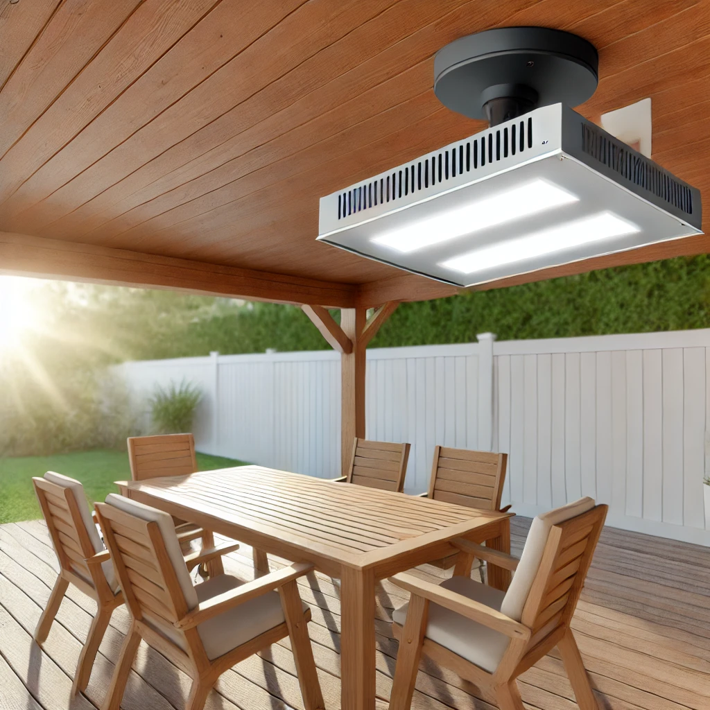 An outdoor wooden deck with a dining table, cushioned chairs, and a ceiling-mounted heat lamp, providing warmth and light in a cozy, sunlit backyard.