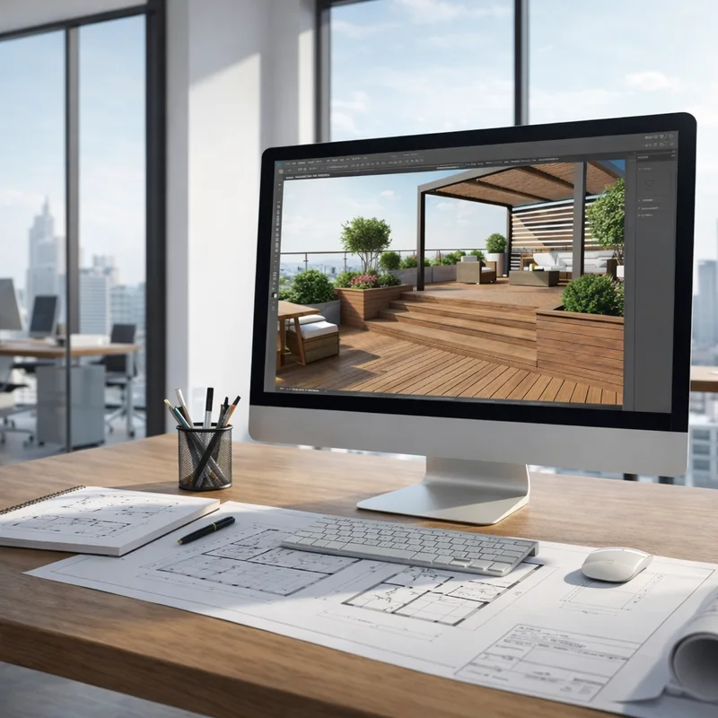 Deck design presentation with plans and outdoor space renderings