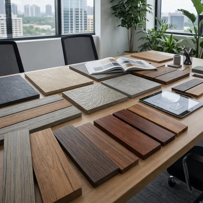 Wood, composite and porcelain decking samples arranged on a table for design planning