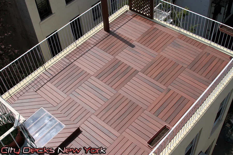 Modular rooftop deck aerial by City Decks New York.