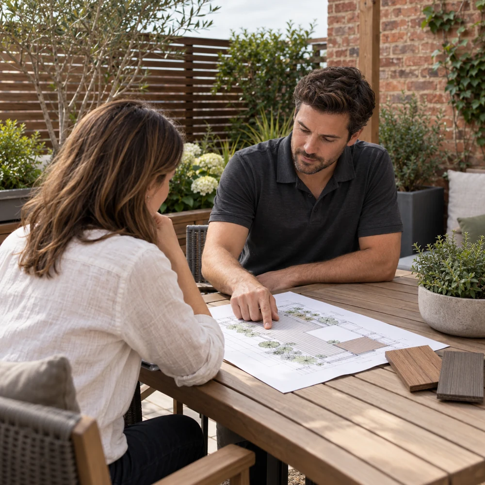 Deck consultant and homeowner reviewing a terrace plan and decking samples