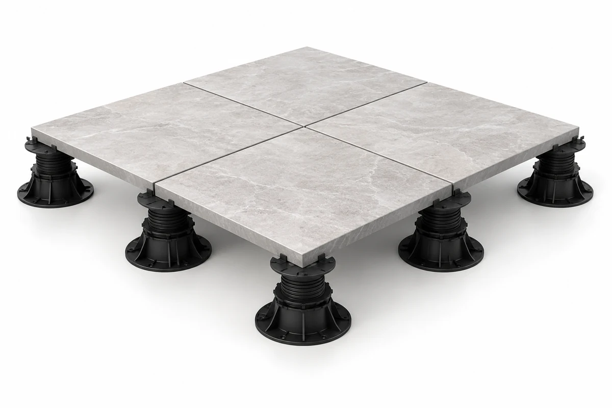 Conceptual illustration of porcelain pavers on adjustable pedestals