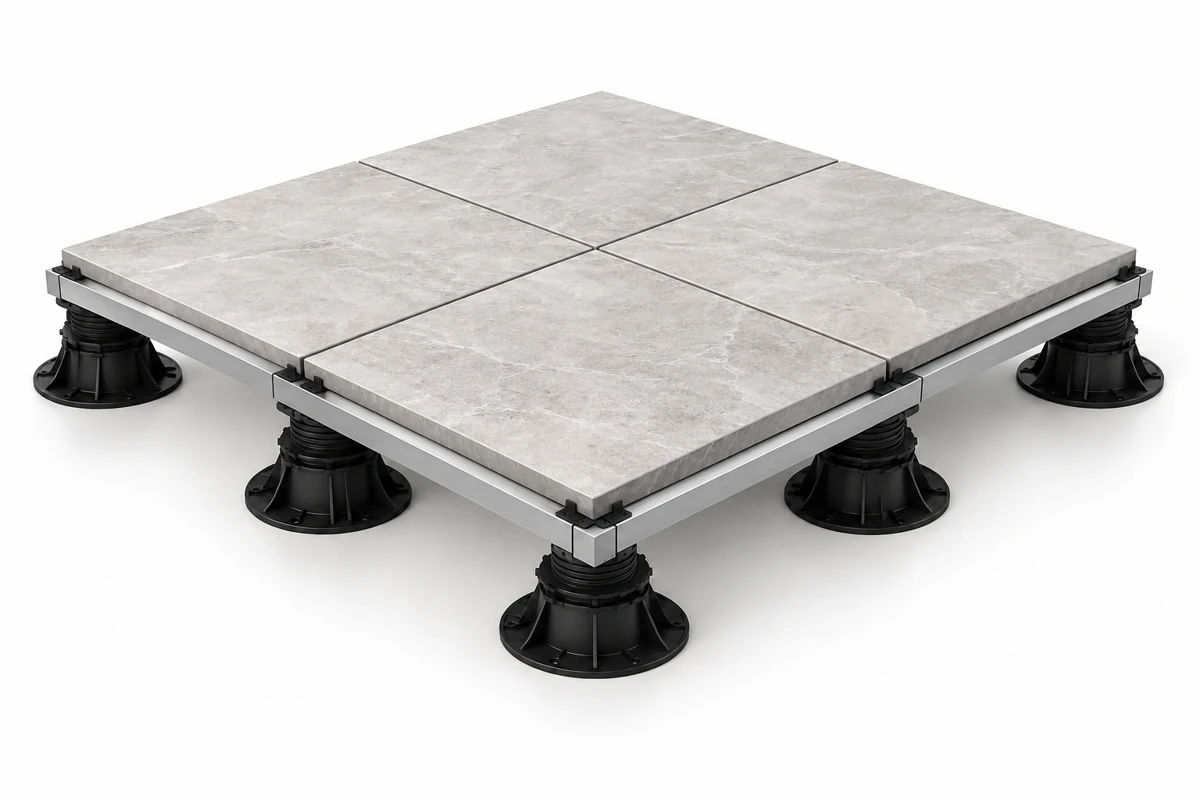 Conceptual illustration of porcelain pavers over optional aluminum framing on pedestals